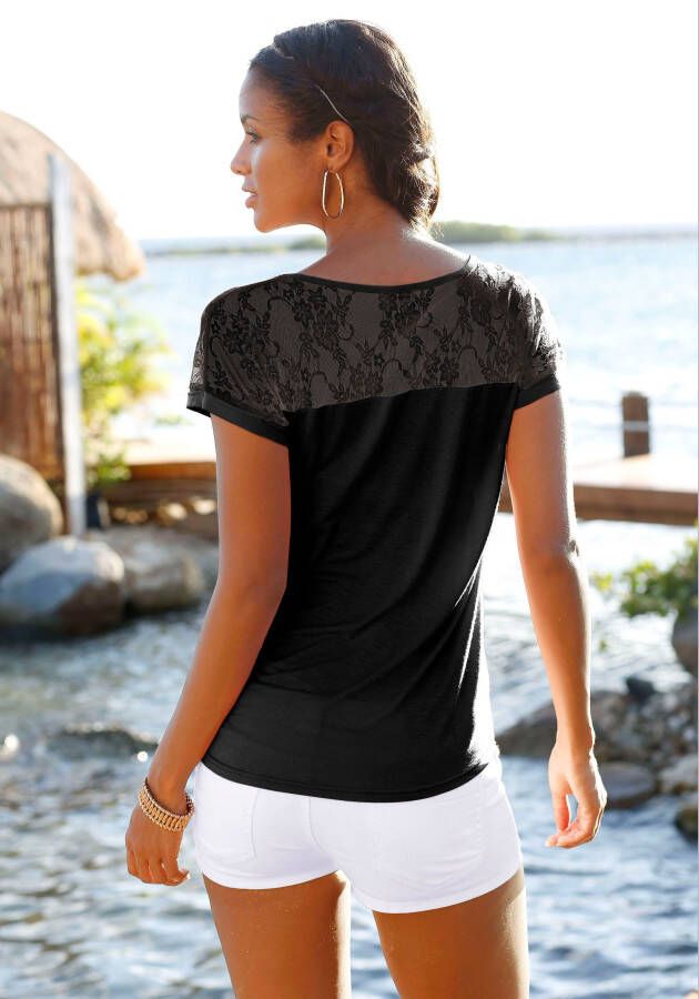 Lascana Strandshirt met kanten inzet t-shirt met korte mouwen elegant