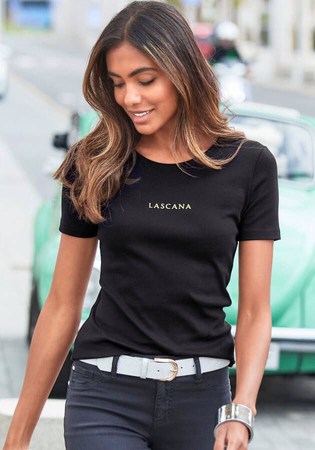 Lascana T-shirt met goudkleurige logoprint (Set van 2)