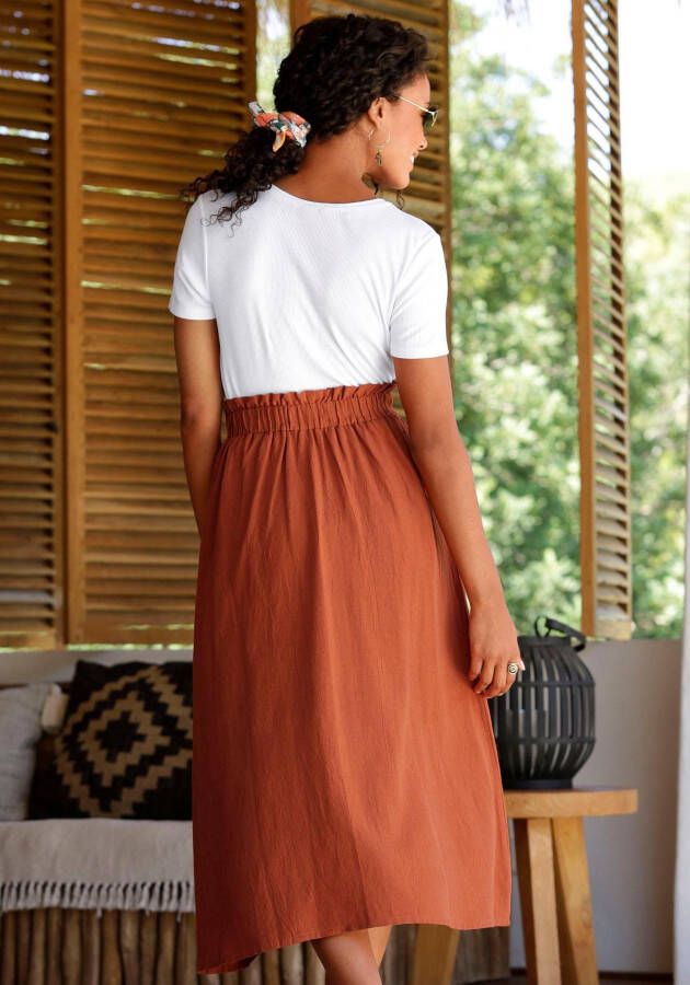 Lascana Zomerrok halflange rok van mix van linnen met knoopsluiting midi rok linnen rok