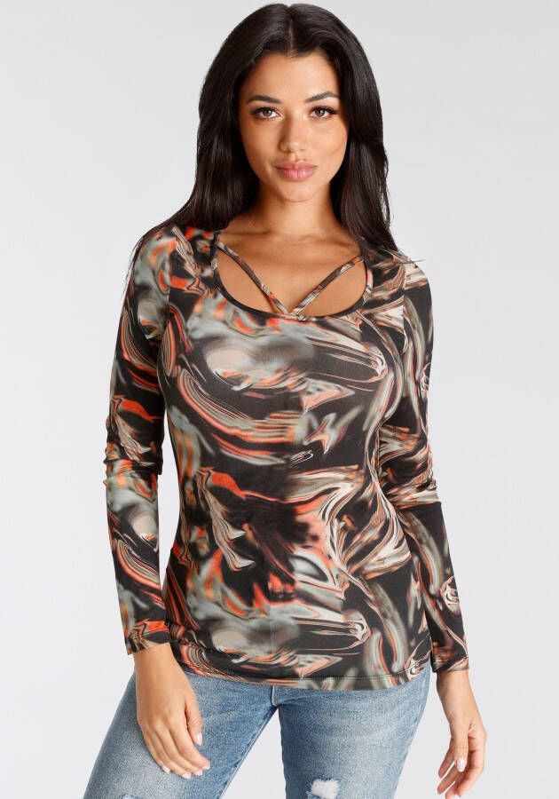 Melrose Shirt met lange mouwen lange mouwen getailleerd effen diepe ronde hals