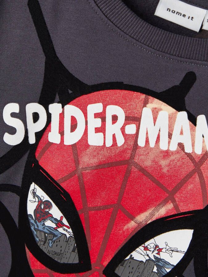 it sweater NMMSVENDE Spider-Man blauwgrijs met Name printopdruk Printopdruk 104 MINI