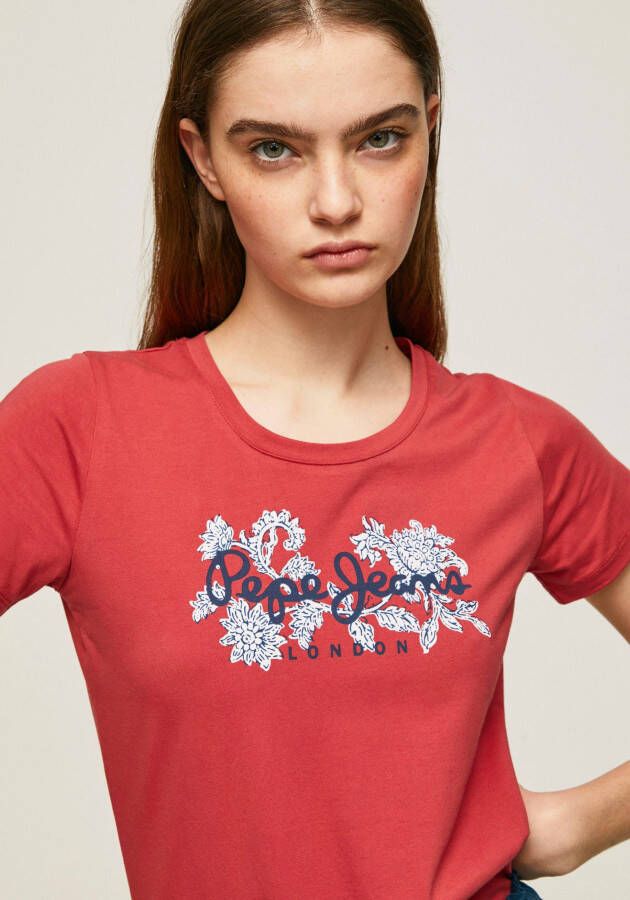 Pepe Jeans Shirt met ronde hals Nerea met geprint bloemen logo en stretch