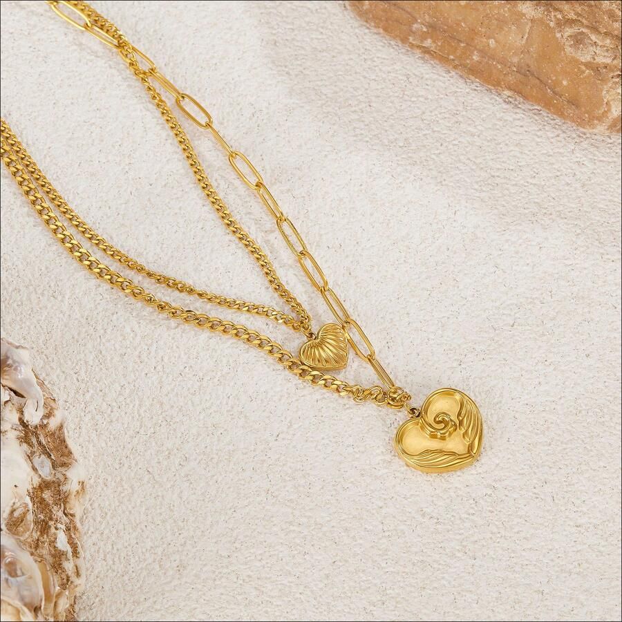 Firetti Ketting met hanger Sieraden cadeau roestvrijstalen halsketting laag dubbelrijig hart - Foto 2