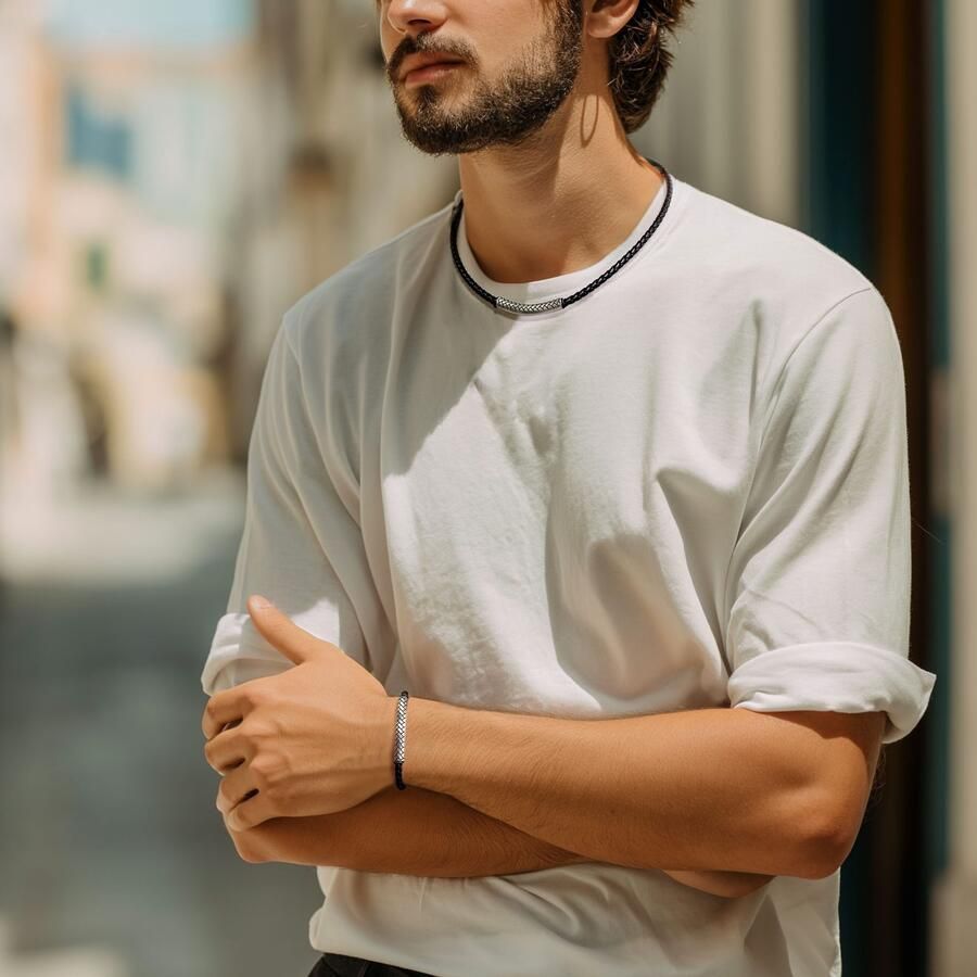 Firetti Leren bandje Sieraad cadeau roestvrij staal leren halssieraad halsketting loofstempeling - Foto 2