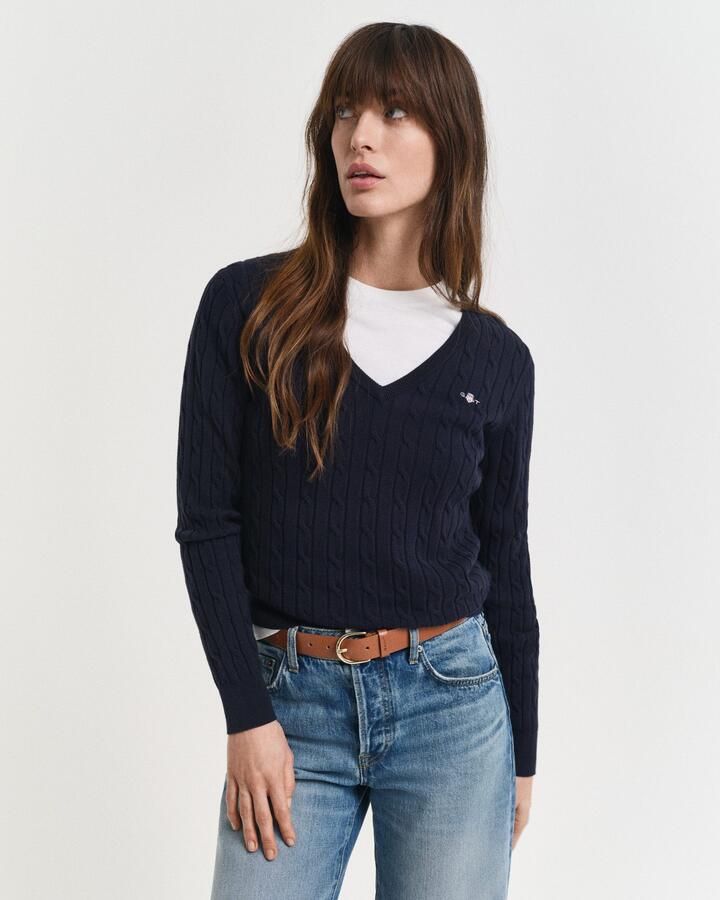 Gant Gebreide trui STRETCH COTTON CABLE V-NECK met logoborduursel op borsthoogte - Foto 8