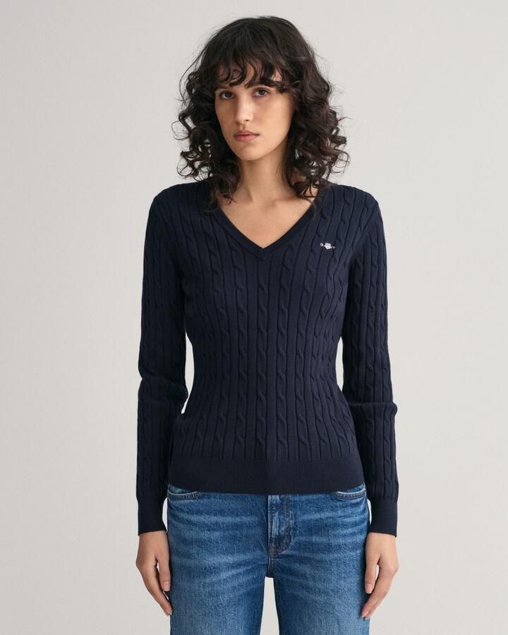 Gant Gebreide trui STRETCH COTTON CABLE V-NECK met logoborduursel op borsthoogte