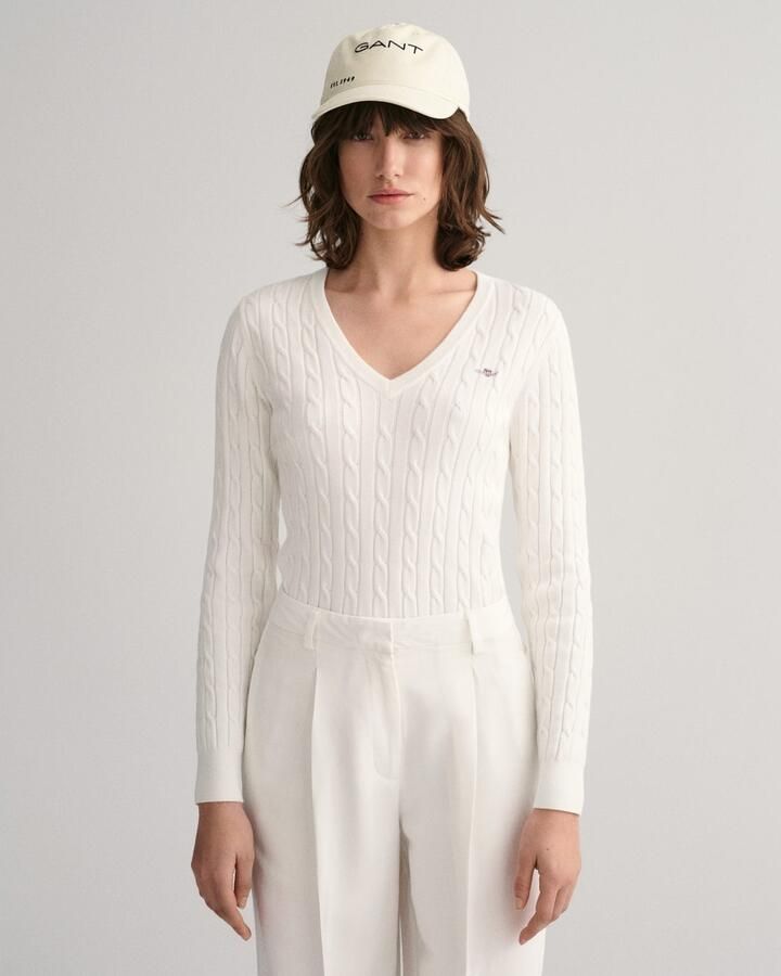 Gant Gebreide trui STRETCH COTTON CABLE V-NECK met logoborduursel op borsthoogte - Foto 2