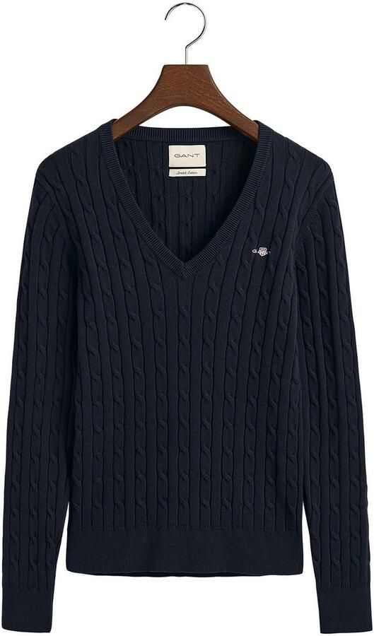 Gant Gebreide trui STRETCH COTTON CABLE V-NECK met logoborduursel op borsthoogte - Foto 7