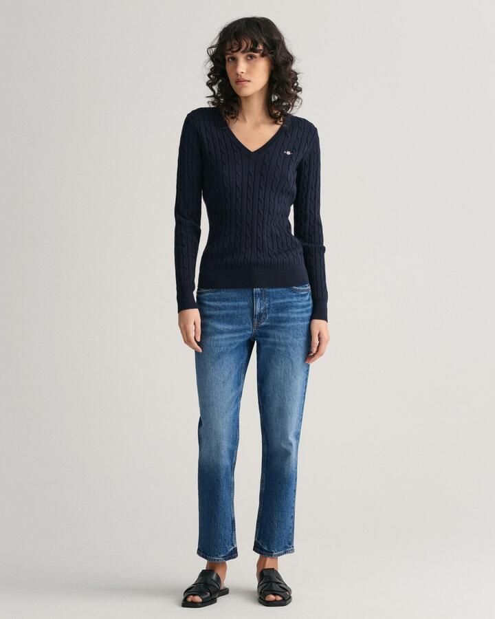 Gant Gebreide trui STRETCH COTTON CABLE V-NECK met logoborduursel op borsthoogte - Foto 6