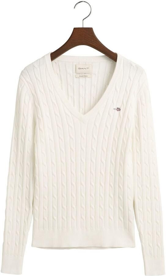 Gant Gebreide trui STRETCH COTTON CABLE V-NECK met logoborduursel op borsthoogte - Foto 8