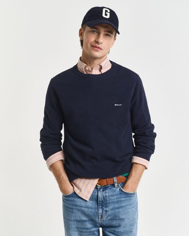 Gant Trui met ronde hals COTTON PIQUE C-NECK met logoborduursel op borsthoogte - Foto 3