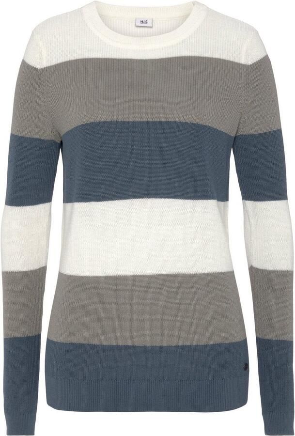 H.I.S Gebreide trui in streepoptiek met ronde halslijn - Foto 5