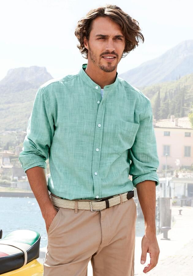 H.I.S Overhemd met lange mouwen Regular fit staande kraag shirt met borstzak 100% katoen - Foto 7