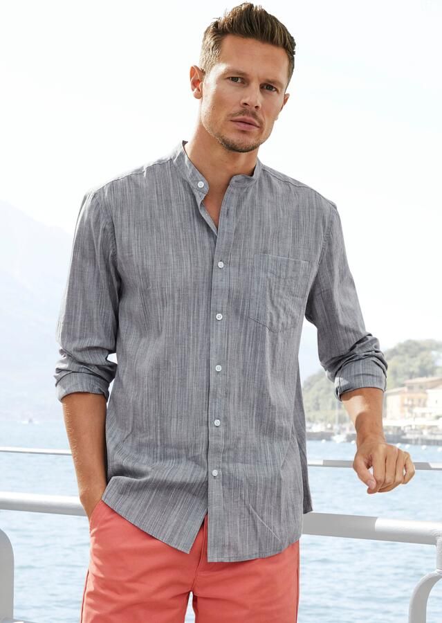 H.I.S Overhemd met lange mouwen Regular fit staande kraag shirt met borstzak 100% katoen - Foto 7