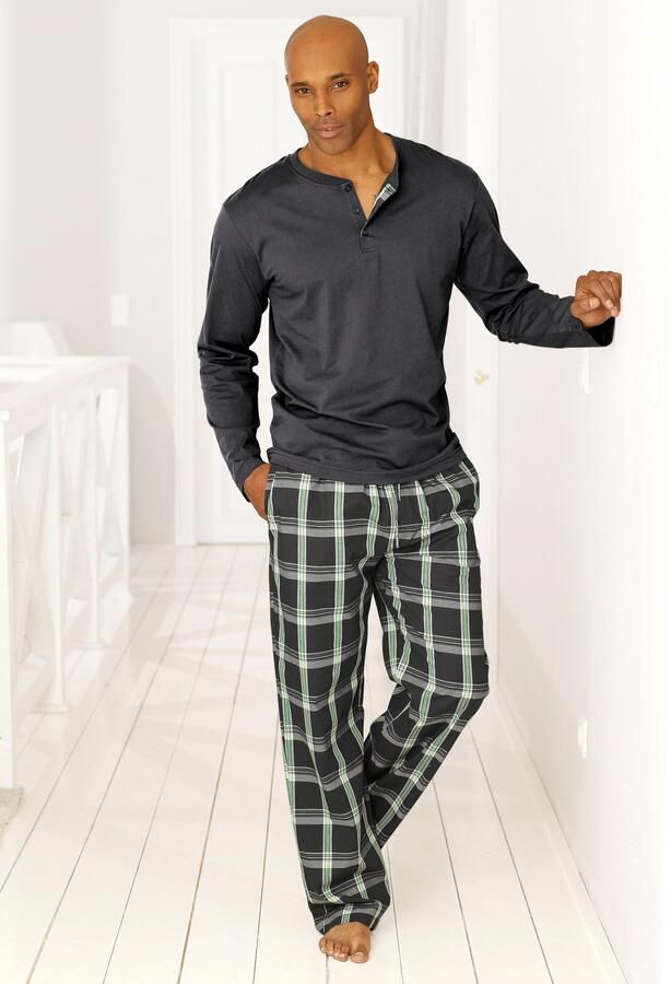 H.I.S Pyjama met lange geruite geweven broek (2-delig 1 stuk)