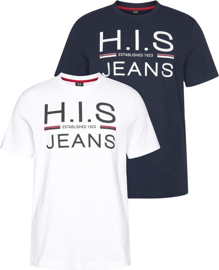 H.I.S Shirt met ronde hals slank gesneden bedrukt ontwerp ronde hals van katoen (Set van 2) - Foto 2