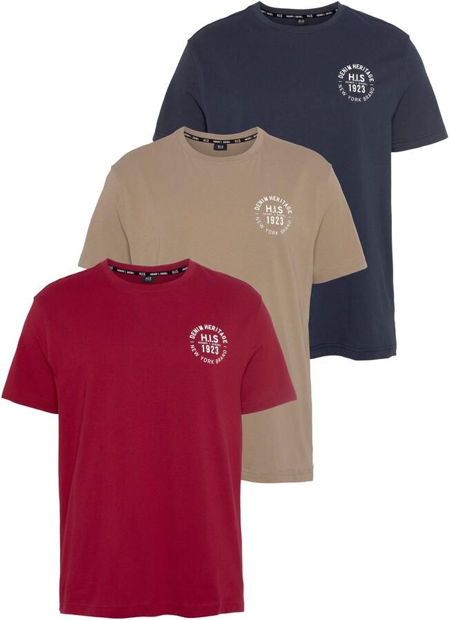 H.I.S T-shirt smal gesneden bedrukt ontwerp van 100% katoen (3-delig Set van 3) - Foto 9