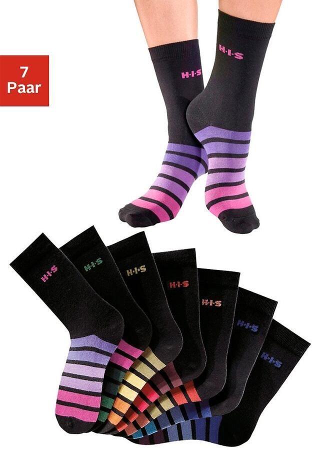 H.I.S Vrijetijdssokken met veelkleurig streepdessin (set 7 paar) - Foto 3