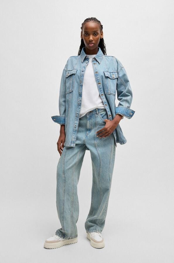 Hugo Blue Shirt met lange mouwen en geribde ronde hals model 'Daliria' - Foto 7