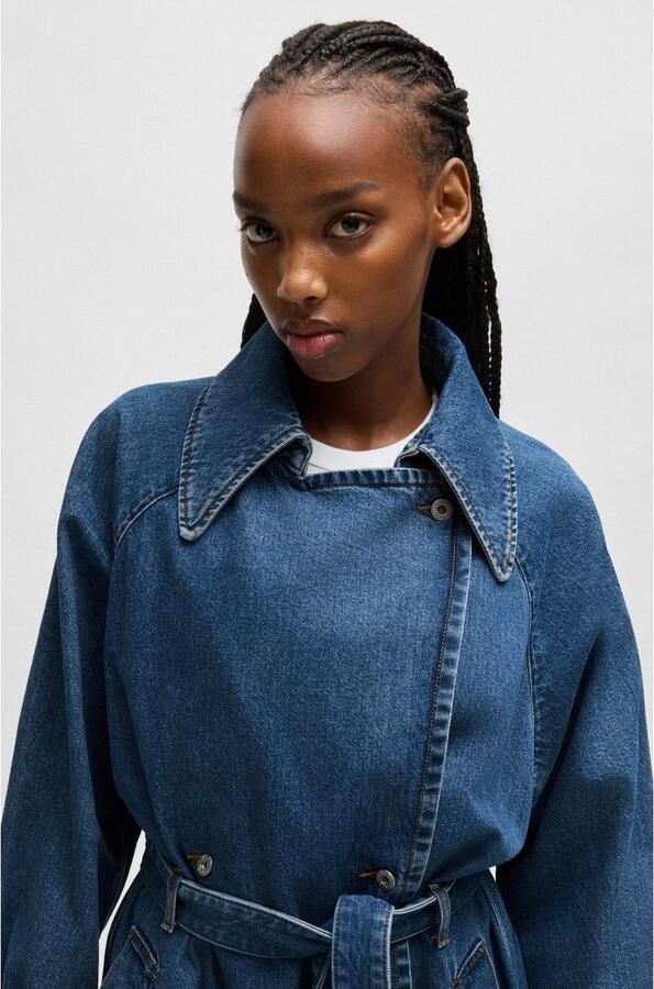 HUGO Blue Trenchcoat Garena met tailleband all-over denim fashion piece jeans trenchcoat