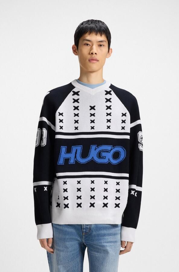 HUGO Blue Trui met V-hals Shalock met uitgebreide intarsia - Foto 6