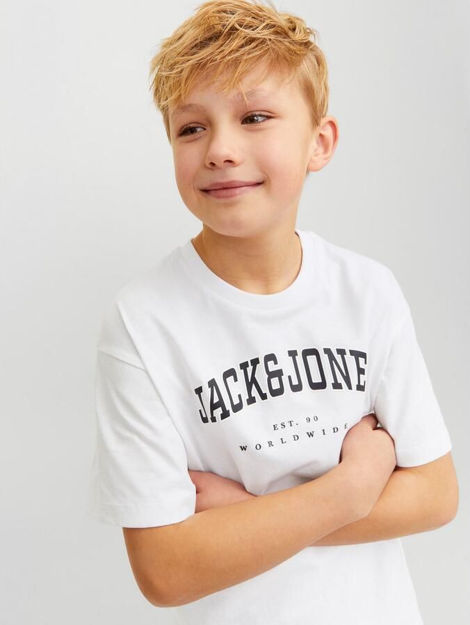 Jack & jones JUNIOR T-shirt JJECALEB VARSITY met logo wit Jongens Katoen Ronde hals 128 - Foto 7