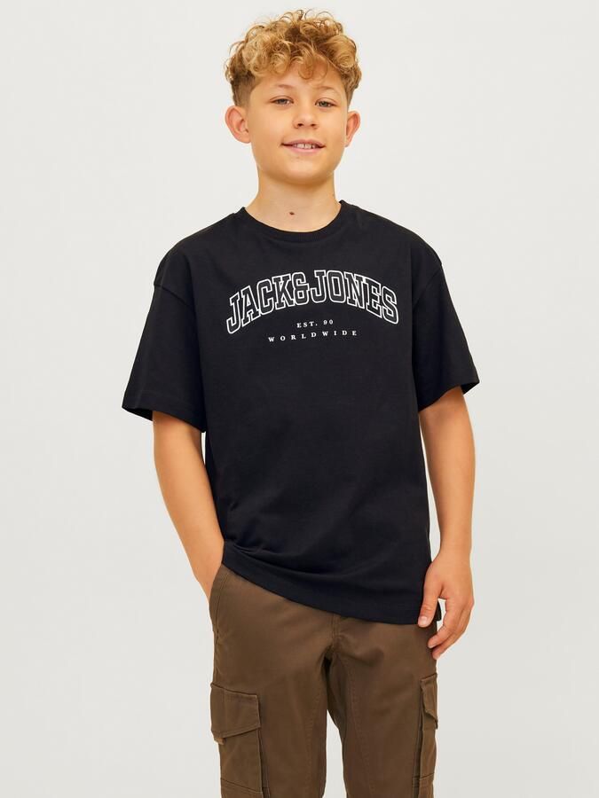Jack & jones JUNIOR T-shirt JJECALEB VARSITY met logo zwart Jongens Katoen Ronde hals 128 - Foto 7