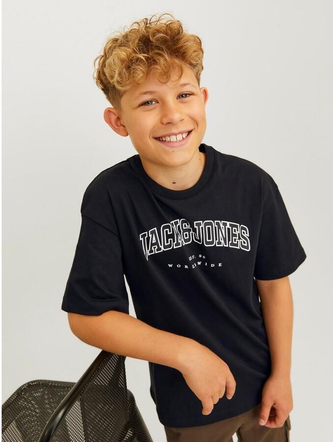 Jack & jones JUNIOR T-shirt JJECALEB VARSITY met logo zwart Jongens Katoen Ronde hals 128 - Foto 4