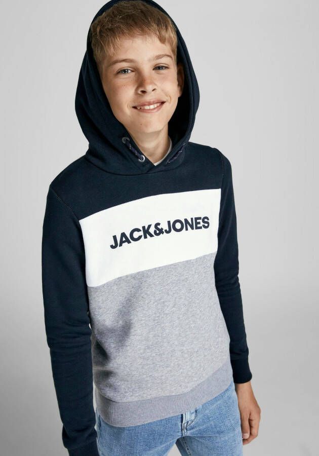 Jack & jones JUNIOR hoodie JJELOGO met logo donkerblauw grijs melange wit Sweater 128