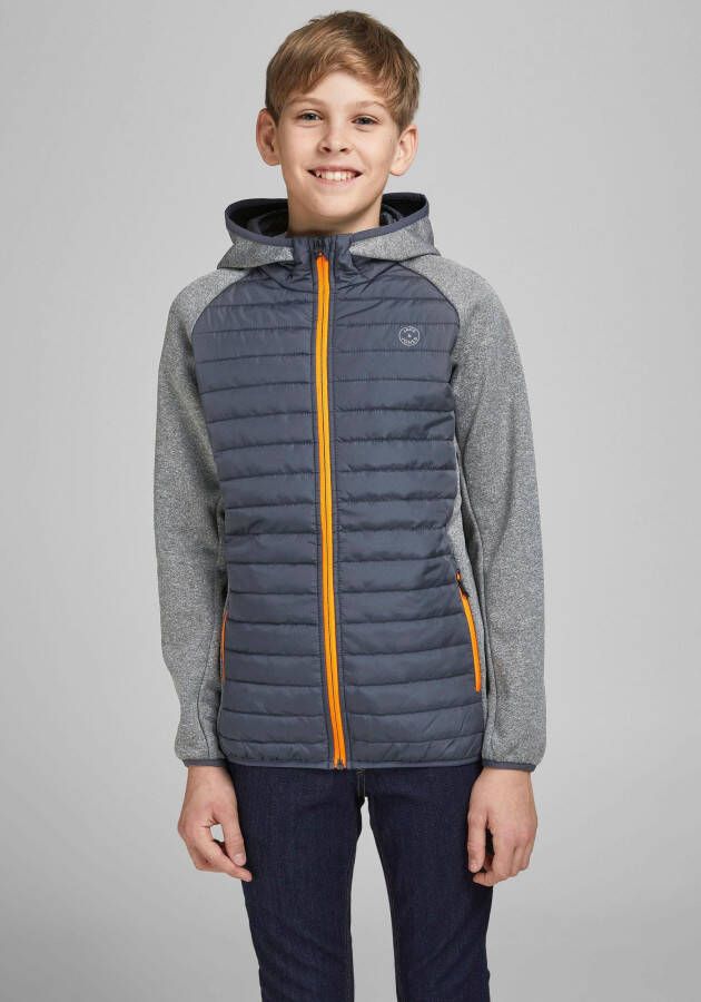 Jack & jones JUNIOR gewatteerde tussenjas JJEMULTI grijs melange donkerblauw oranje Jongens Polyester Capuchon 128