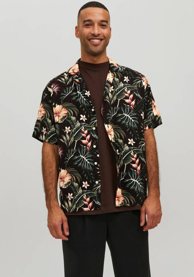 JACK & JONES ESSENTIALS regular fit overhemd JJEJEFF met all over print zwart