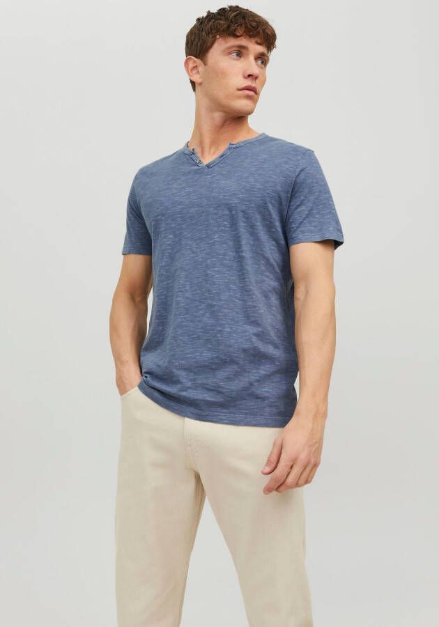 Jack & jones Split Neck T-shirt van Slub-stof Blue Heren
