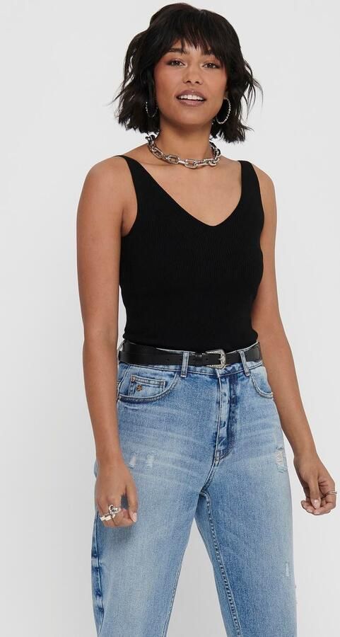 Jacqueline de Yong Zwart Geribbeld Gebreid V-hals Tank Top Black Dames - Foto 6