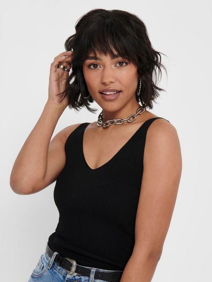 Jacqueline de Yong Zwart Geribbeld Gebreid V-hals Tank Top Black Dames - Foto 2