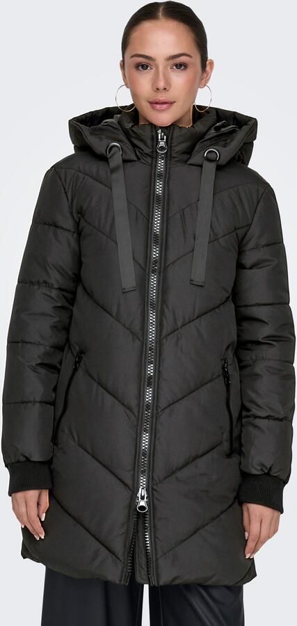 Jacqueline de Yong Zwarte gewatteerde jas met capuchon en diagonale stiksels Zwart Dames - Foto 11