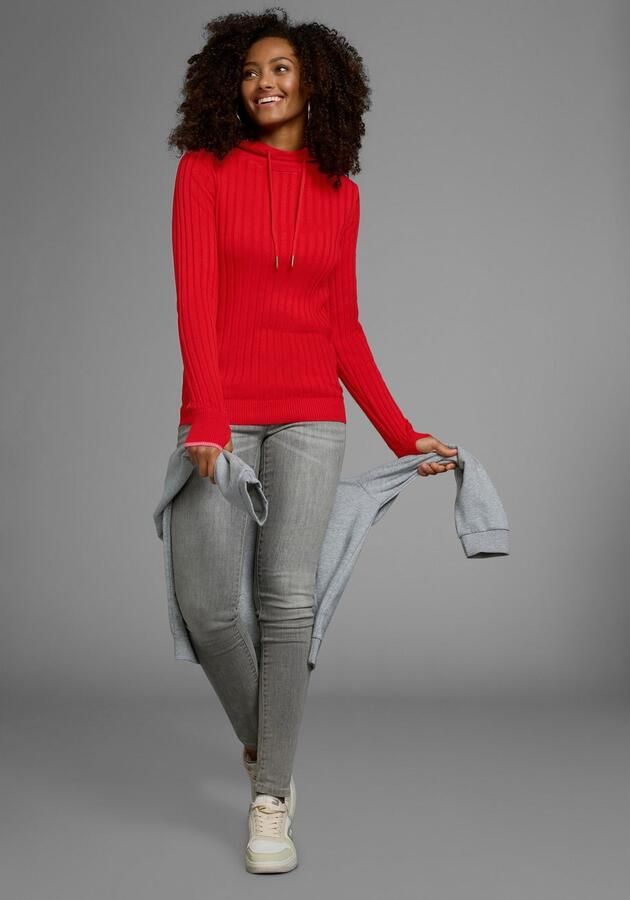 KangaROOS Gebreide trui met contrastkleurige binnenkant van de capuchon en logoprint op de mouw - Foto 3