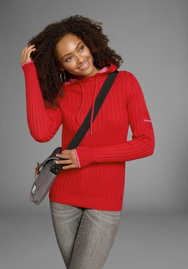 KangaROOS Gebreide trui met contrastkleurige binnenkant van de capuchon en logoprint op de mouw - Foto 4