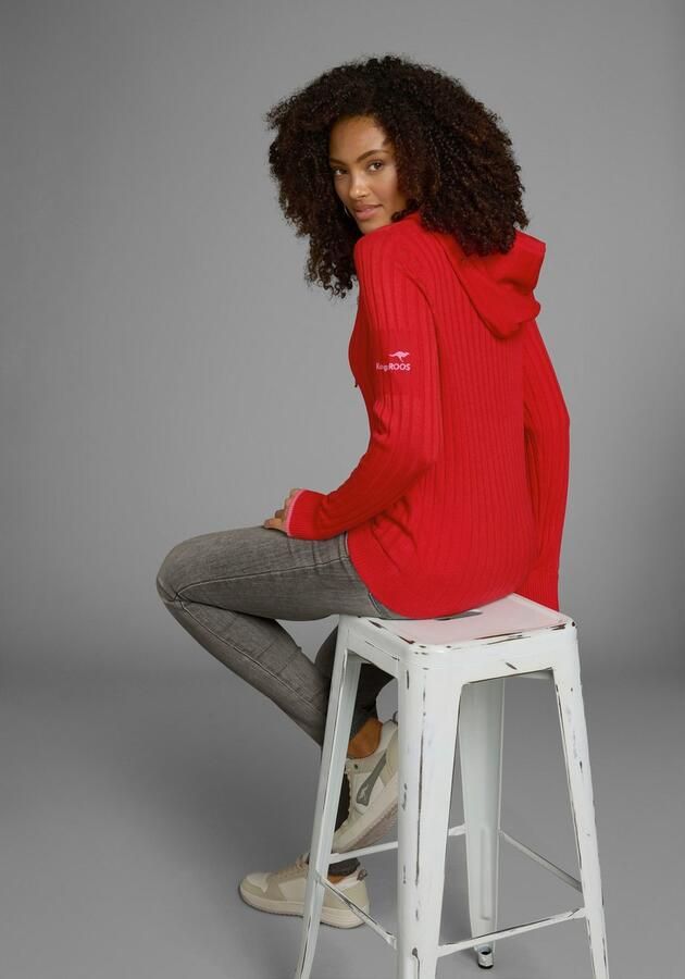 KangaROOS Gebreide trui met contrastkleurige binnenkant van de capuchon en logoprint op de mouw - Foto 6