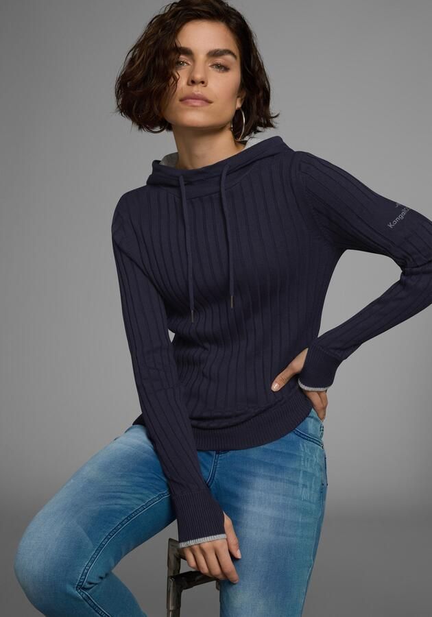 KangaROOS Gebreide trui met contrastkleurige binnenkant van de capuchon en logoprint op de mouw - Foto 6