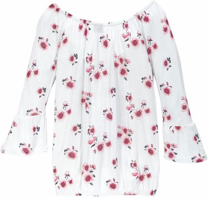 KIDSWORLD Shirt met carmenhals Shirt van viscose wijde pasvorm met bloemenpatroon en print carmenhals