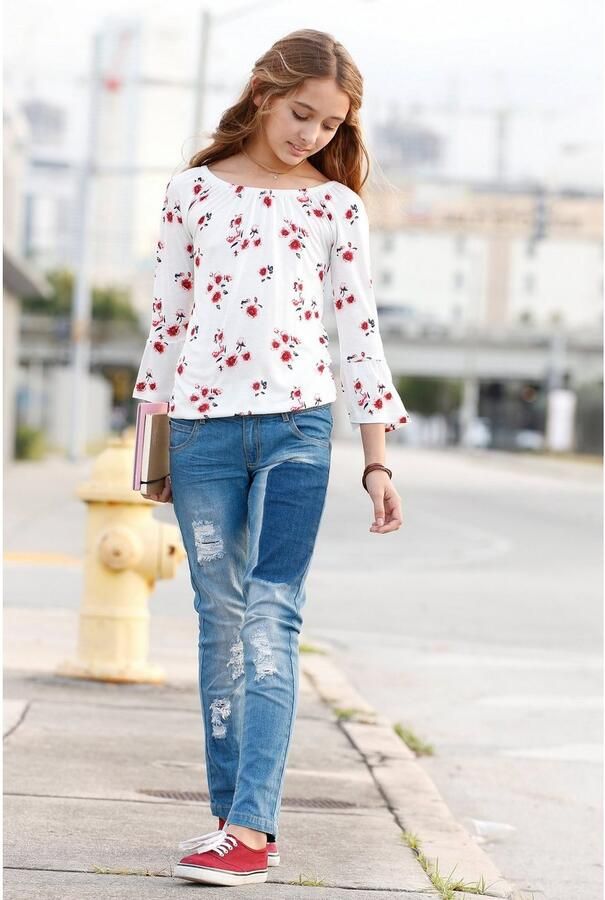 KIDSWORLD Shirt met carmenhals Shirt van viscose wijde pasvorm met bloemenpatroon en print carmenhals - Foto 9