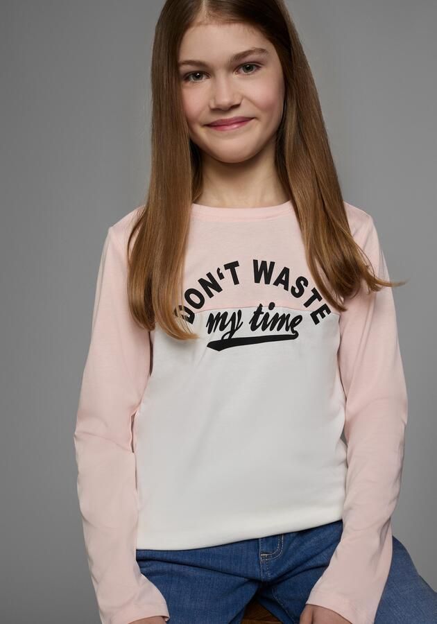 KIDSWORLD Shirt met lange mouwen Met spreuk-print: Don´t waste my time Lange mouwen basic pasvorm colourblocking-look ronde hals - Foto 3