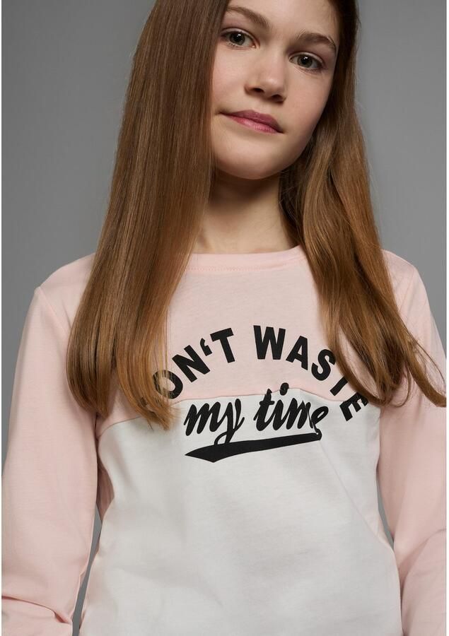KIDSWORLD Shirt met lange mouwen Met spreuk-print: Don´t waste my time Lange mouwen basic pasvorm colourblocking-look ronde hals - Foto 2