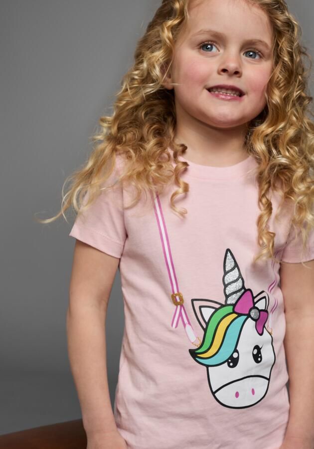 KIDSWORLD T-shirt Voor kleine meisjes Korte mouwen basic gesneden pasvorm met glinsterende details en print - Foto 3