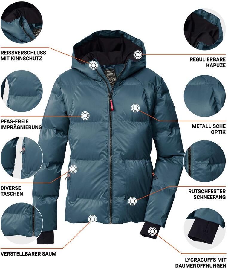 Killtec Gewatteerde jas KSW 210 GRLS QLTD JCKT Metallic look waterafstotend warm PFAs-vrij geïmpregneerd