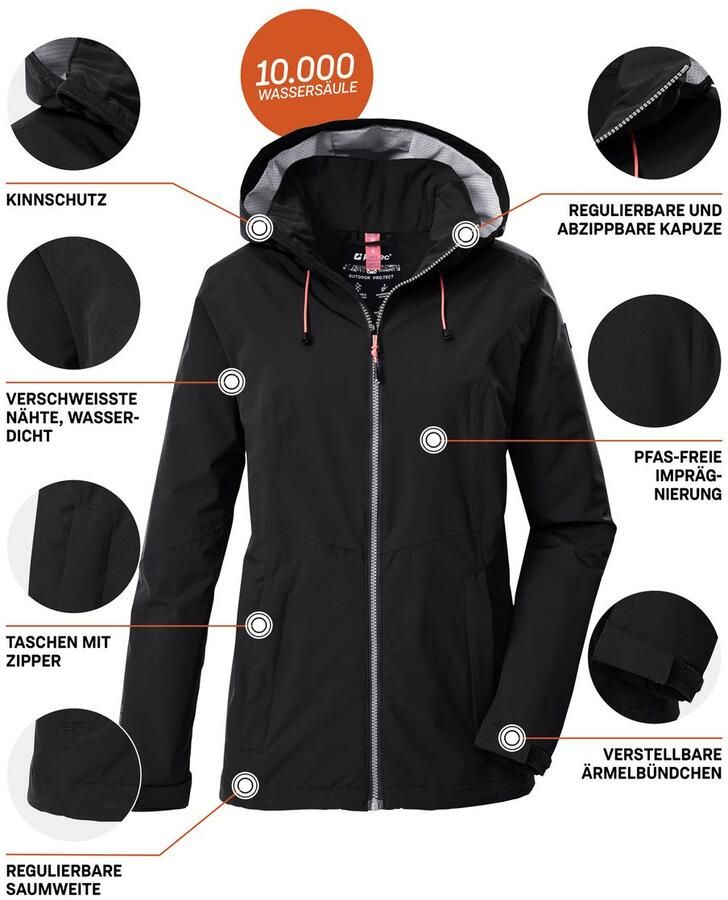 Killtec Outdoorjack Dames regenjas OOKS 1 Lichte water- en winddichte jas ademend afneembare capuchon
