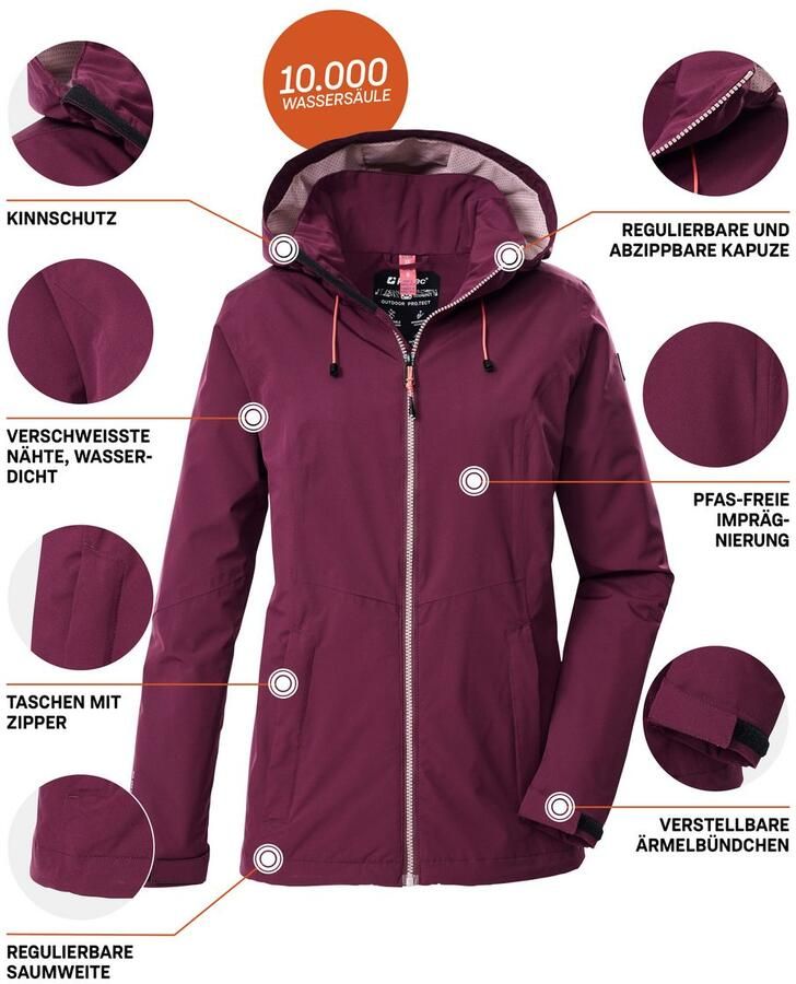 Killtec Outdoorjack Dames regenjas OOKS 1 Lichte water- en winddichte jas ademend afneembare capuchon