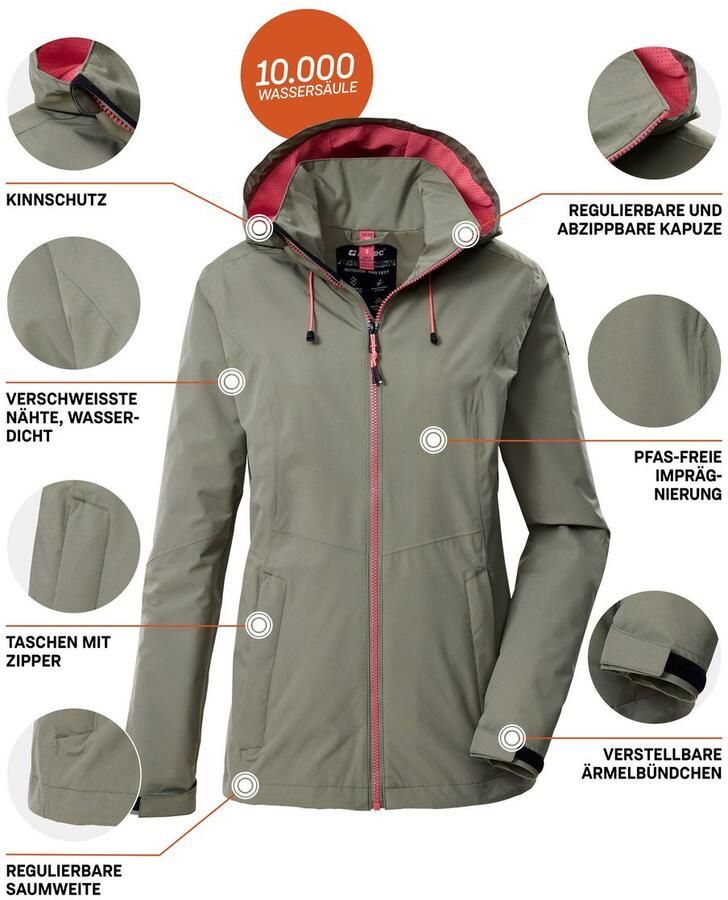 Killtec Outdoorjack Dames regenjas OOKS 1 Lichte water- en winddichte jas ademend afneembare capuchon