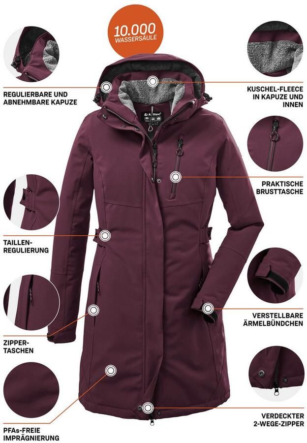 Killtec Parka KOW 165 WMN PRK Water- en winddichte parka met teddyfleece en afneembare capuchon