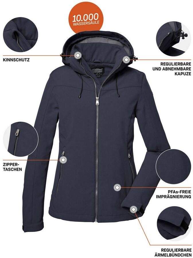 Killtec Softshell-jack Dames softshelljas Waterafstotende winddichte softshelljack met afneembare capuchon